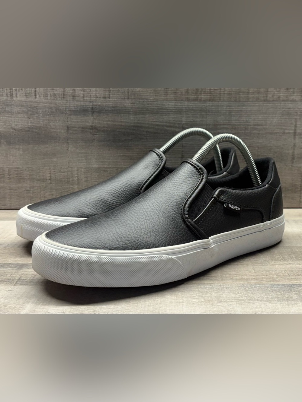Vans Asher Deluxe Black Leather Slip-On Shoes Women’s Size 10 OrthoLite Mens 8.5